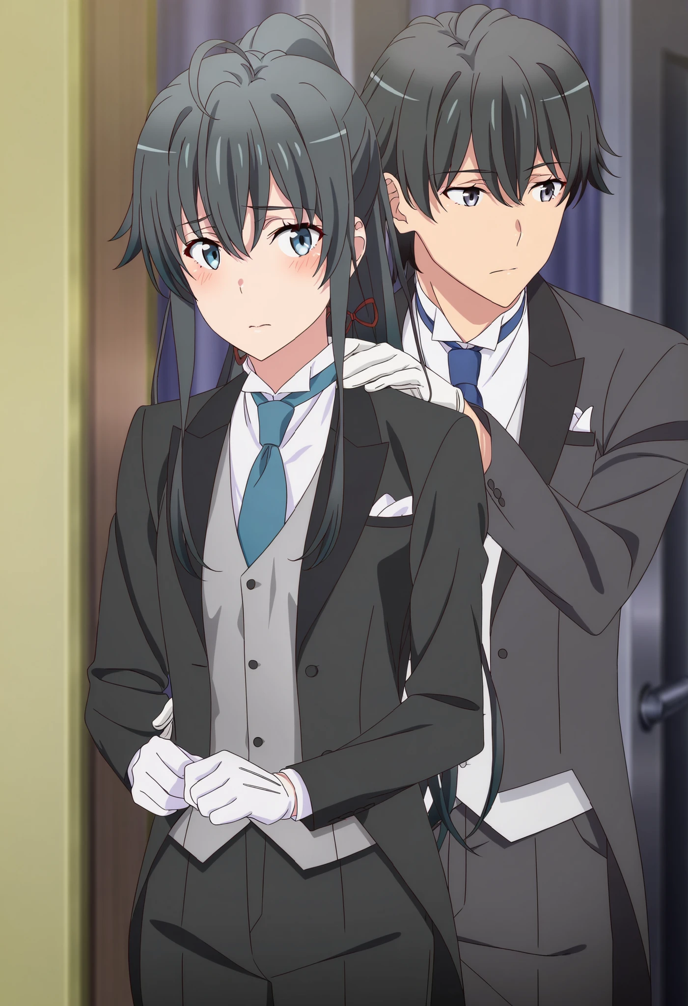 [holding:1.8],masterpiece, best quality, very detailed, , masterpiece, best quality, eyelashes, (Beautiful Eyes), cowboy shot, anime, Official Illustration, Official anime artwork, anime screencap, anime coloring, , yukinoshita yukino, blue eyes, black hair, long hair, ponytail, tuxedo tailcoat, butler, blue necktie, black pants, gloves , Yukinoshita grabs one of the boys by the waist and kisses his neck. ,1boy , shy, The boy puts his hands behind Yukinoshita's neck. 