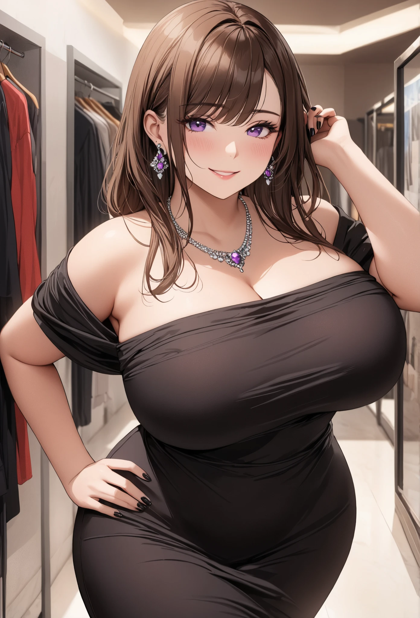 (masterpiece, best quality), pixel art, perfect slim fit body, huge breasts, wavy hair, bracelet, necklace, strapless tube top, miniskirt, pantyhose, shopping mall