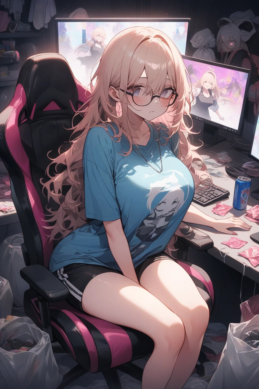 anime,An illustration,purple robot,Mobile Suit,Dom,Light blue check dress,Red glasses,Blonde,Light blue mesh hair,beautiful girl,Sora Sakurano,one person