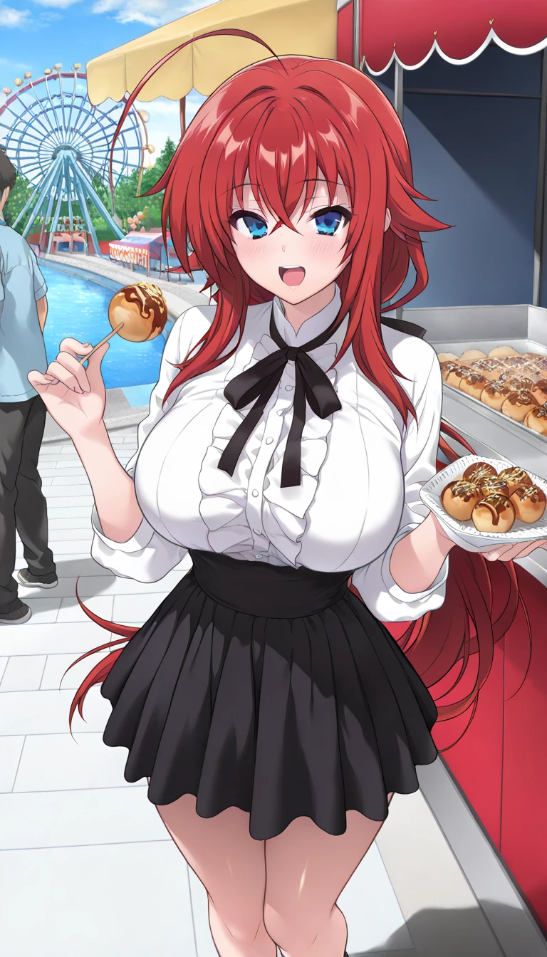 young girl, Long red hair, Two buns, smile, blue eyes, Chinese sleeveless dress, Shorts, A tray of food, Masterpiece, hiquality. nsfw