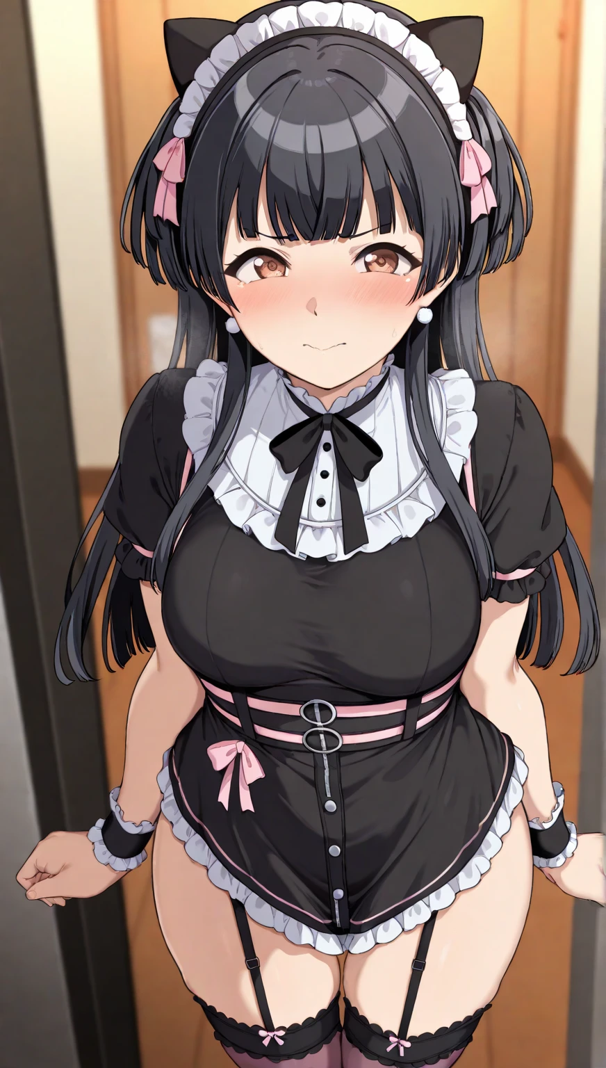 indoor、(A white short-sleeved dress with a round collar and buttons in the front:1.5)、(White micro mini skirt:1.5)、((Black ribbon around neck))、Dark brown leather belt、((Long straight purple hair that reaches down to the waist))、(Big red eyes)、(Closed front button)、Small Nose、Big Mouth、Round face、H cup big breasts、anime、highest quality、High resolution、(Thin and transparent nipples)、1 person、Standing unsteadily and tilting、Moist eyes