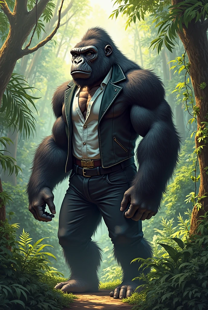 Creater Gorilla King mix Wearing  glasses a trench coat  in style dragonball
