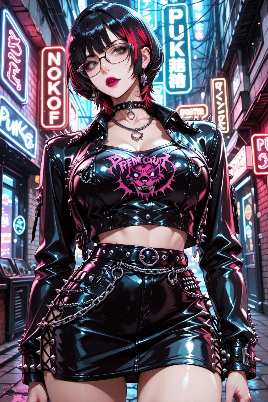 young girl, short black hair, violet eyes, smirk, Black leather jacket with spikes, open belly, breeches, Chains on clothes, scar on face, cigarette, Smoke, hiquality, 4k, HD, Good detail