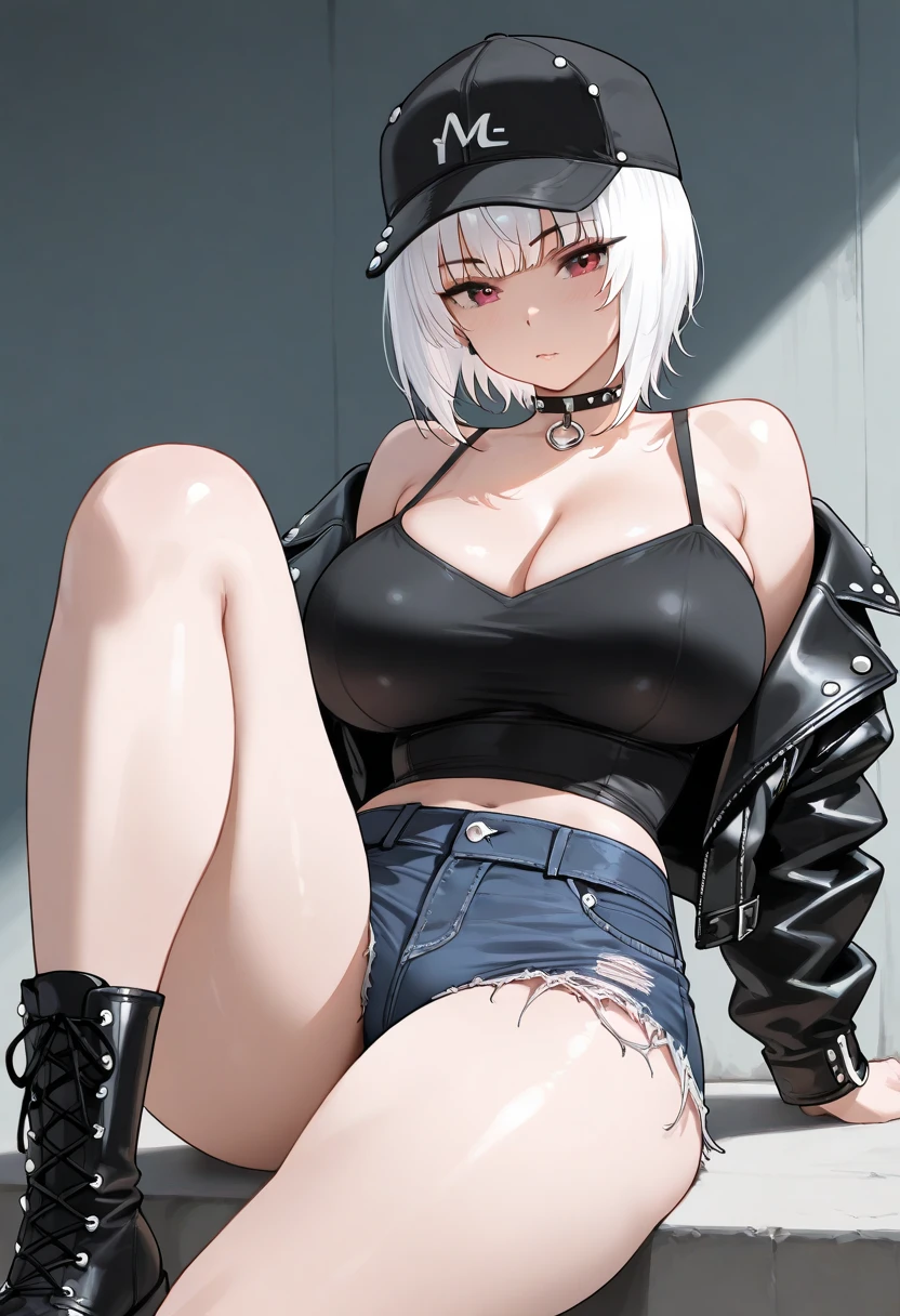 Grayish silver hair　　Bobcut　Black headband　tits　Ass nsfw　Gothic　Squat Pee　Sweaty　Wet　Puddle on the floor　Pink nipples　Breast bag　Underboob