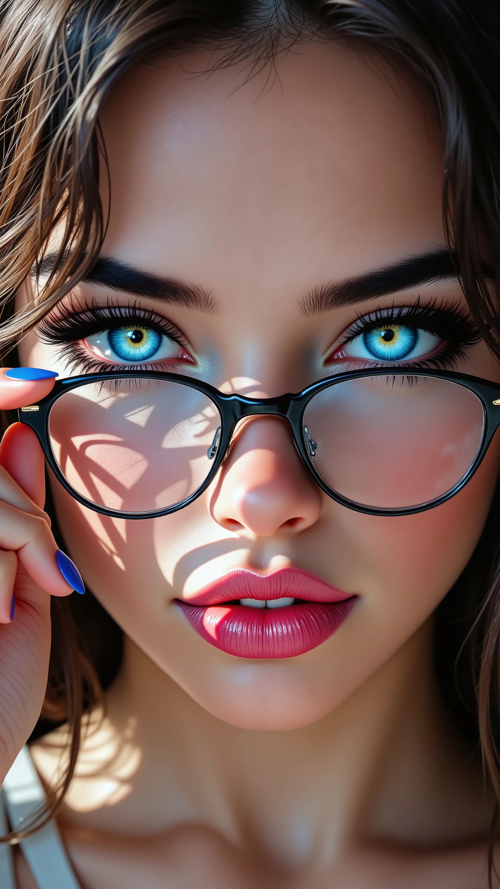 a ultra realistic photo of skinny girl holding her eye glasses in front of her, big blue eyes, dark eye liner, big pink lips, big breasts, skinny waist, big hips.