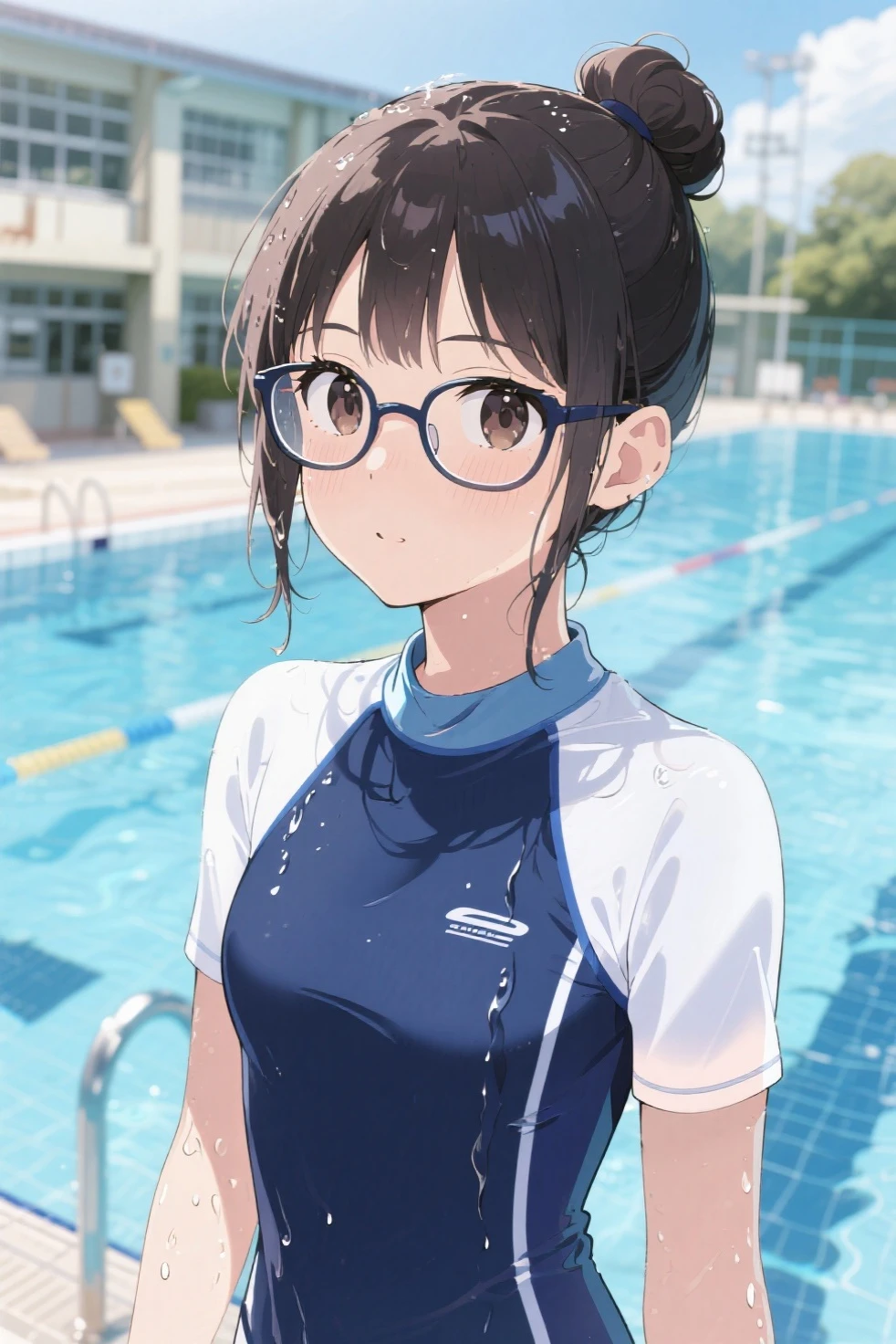 top quality、anime style、masterpiece、Outdoor pool side at school、An eyeglasses girl wearing a rash guard with her hair up appeared with her glasses removed、Her wet bangs and skin are shining、her eyes are more clearly visible than usual、white rash guard in a navy school swimsuit、her hair is loosely gathered in a bun、cute