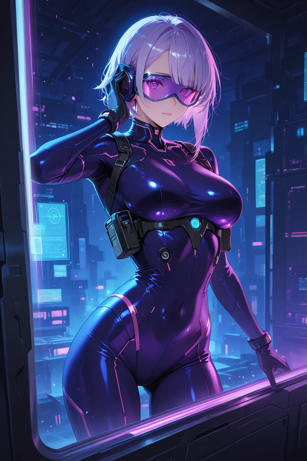 1girll, future warrior,cabelos preto e longos,flowy,crisp breasts,Beautiful thighs,Tattooed with,Chest bumps,Sci-fi combat glasses,Black tight-fitting one-piece leather suit all over,Black boots,There are round metal rings at the wrists and ankles,epcot,cyber punk perssonage,Detailed background,Clothing details,perfectly proportioned, Cinematic lighting, filmgrain, Fuji colors, lightand shade contrast, 8K, 巨作, Textured skin, Super detail, high detal, high qulity, A high resolution,