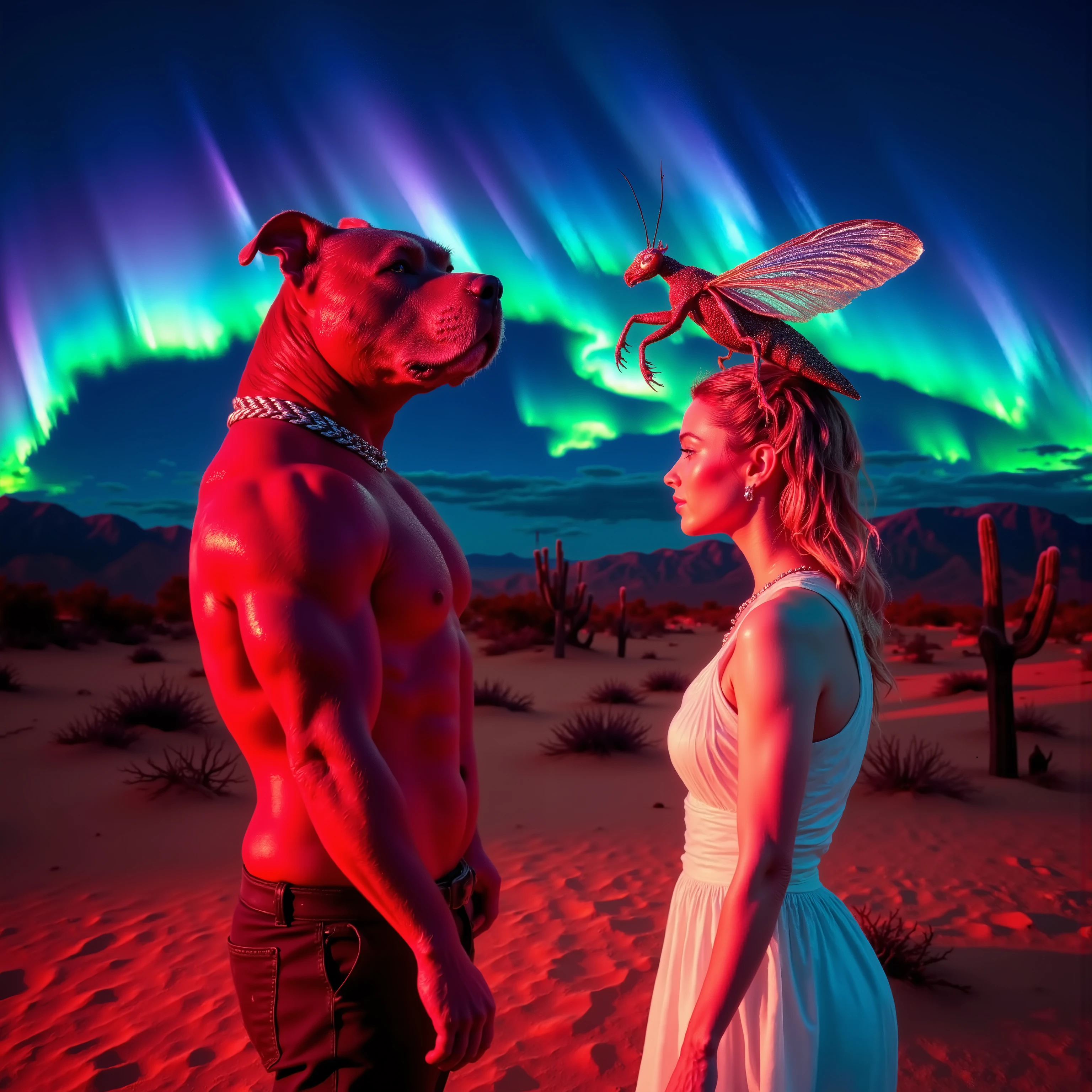 In a surreal desert landscape, the image captures a fascinating scene under the vibrant hues of an aurora borealis. A muscular figure with the body of a man wearing pants and a belt,  but the distinct face of a red nose white haired Pitbull stands on the left side, its shiny, taut hair reflecting the enigmatic glow of the sky. Opposite, a large, vividly detailed praying mantis with wings is perched on the shoulder of a beautiful young woman dressed in a flowing white dress. The setting is enhanced by the presence of cacti silhouetted against the distant mountains, creating an exotic and slightly otherworldly atmosphere. The lighting casts dramatic shadows, emphasizing the striking features of each character. This whimsical tableau creates a blend of fantasy and realism, evoking curiosity and a sense of mystery. 8K,highres, Ultra-realistic, photo-realistic, ultra-detailed, physically-based rendering, masterpiece.  Make the aurora borealis more colorful and profound. Add a sign on a road in this desert that says,  "Please keep your dog on a leash, thank you"