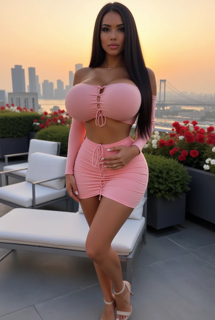 masterpiece, best quality,(8k, RAW photo, best quality, masterpiece:1.39), (realistic, photo-realistic:1.2), Long_Sleeve_Body_Con_Dress, Large breast, Cleavage, pink5433, sitting on bench
