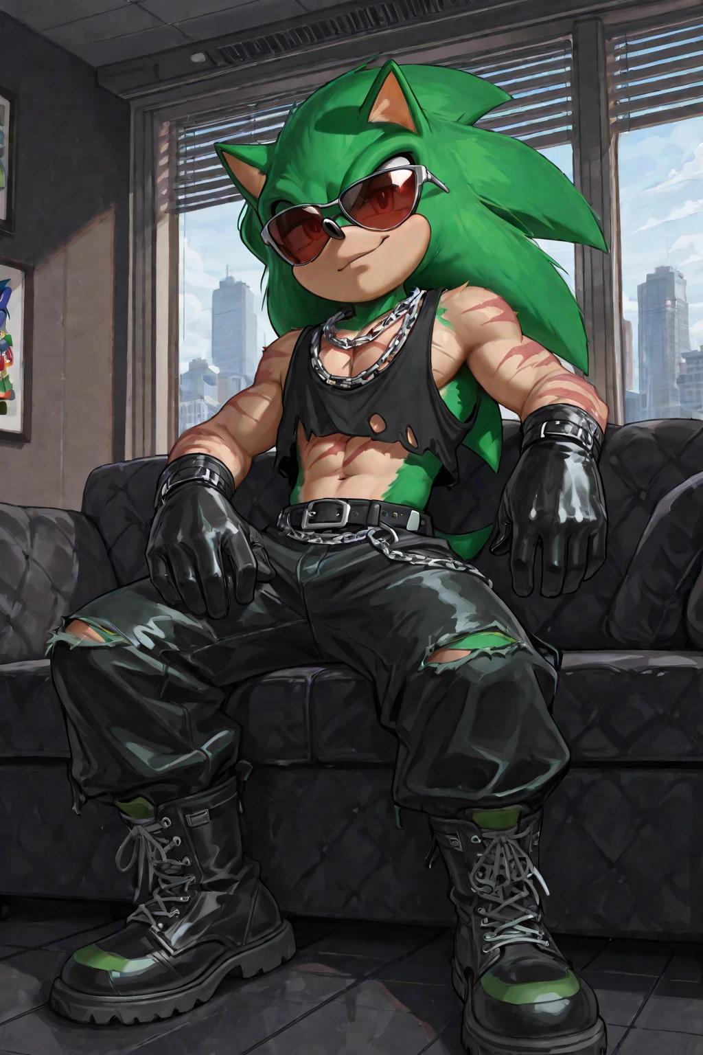 Medium muscular, lion, shirtless, ((eric goldmane)), (excessive bondage), harness, ((tight clothing)), bluish-green mane, By mystikfox61, sheath, balls, suggestive, gay, tight clothing, hypnosis, mind control, hypnotic eyes, collar, dynamic shot