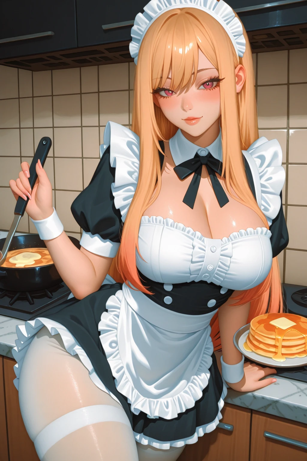 Large Breasts Wearing only a gown Making an omelette