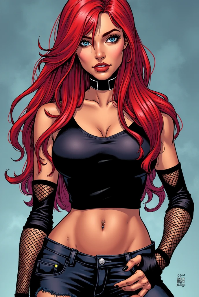 , thigh gap, beautiful, slim body, vibrant colors, looking at viewer, full body, parted legs, sitting on grass, red hair, see through, bikini, Art by Stanley Artgerm Lau, Art by Genzoman, Art by Joe Madureira, Art by BlushySpicy, Art by Stjepan Sejic, Art by J Scott Campbell, Art by Guillem March, Art by Citemer Liu, Art by Kenneth Rocafort, Art by Frank Cho, 4k, High resolution, Comic book, Comic book character, Comic, High quality, Simple background