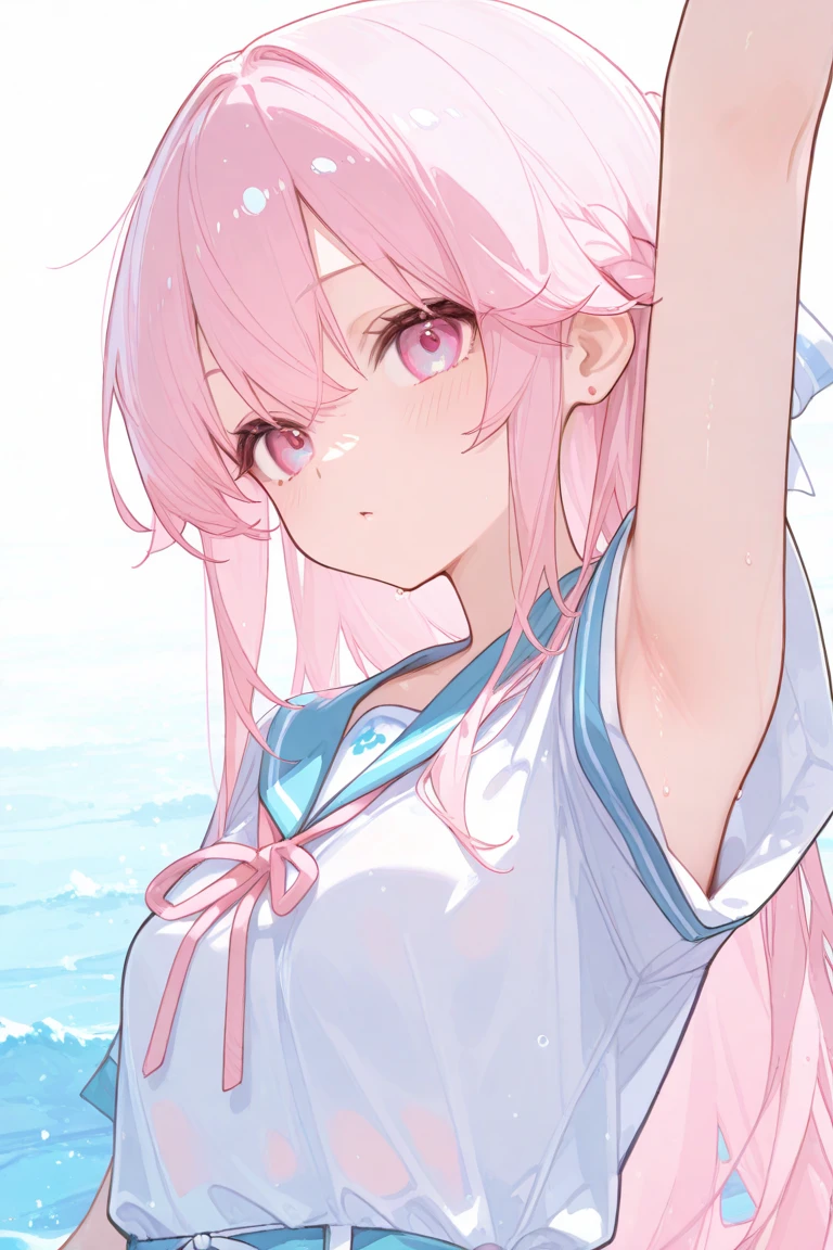 absurdres, (masterpiece, best quality), (ultra-detailed), extremely detailed,super high resolution, (Top Quality photorealistic Illustration), (Super Definition), (best quality,masterpiece:1.0),(cute illustration:1.3), (high Saturation:1.2), highres, ultra-detailed, 32k,8k resolution, intricate details, cinematic scene, detailed background, detailed background,nsfw,
strong light,
detailed beautiful face and eyes, very detailed background, (an extremely delicate and beautiful), (nice hands, perfect hands), (appropriate posture), (appropriate configuration), ideal ratio body proportions,
dynamic angle, from below, depth background, in the sandy beach, ocean, splashing, blue sky, windy, rim light, sunlight, beautiful lighting, widely,
(girly running:1.3), ((looking up at viewer)), ((looking up)),
((1girl, solo, izumi sagiri, (eromanga sensei)), izumi_sagiri_eromangasensei,very cute and beautiful girl,(highly detailed beautiful face),(twinkle smile), (full-face blush), (shy),open mouth, (very flat chest1.6), belly button grey_hair, long_hair, bow, hair_bow, pink_bow, blue_eyes, bangs, floating hair, barefoot, (very small white side tie panties:1.6),
(show off nipples:1.6), (exposing bare breasts:1.3), (exposed chest:1.3), (no bra:1.3), (open shirt:1.6), (exact number of nipples:1.6),