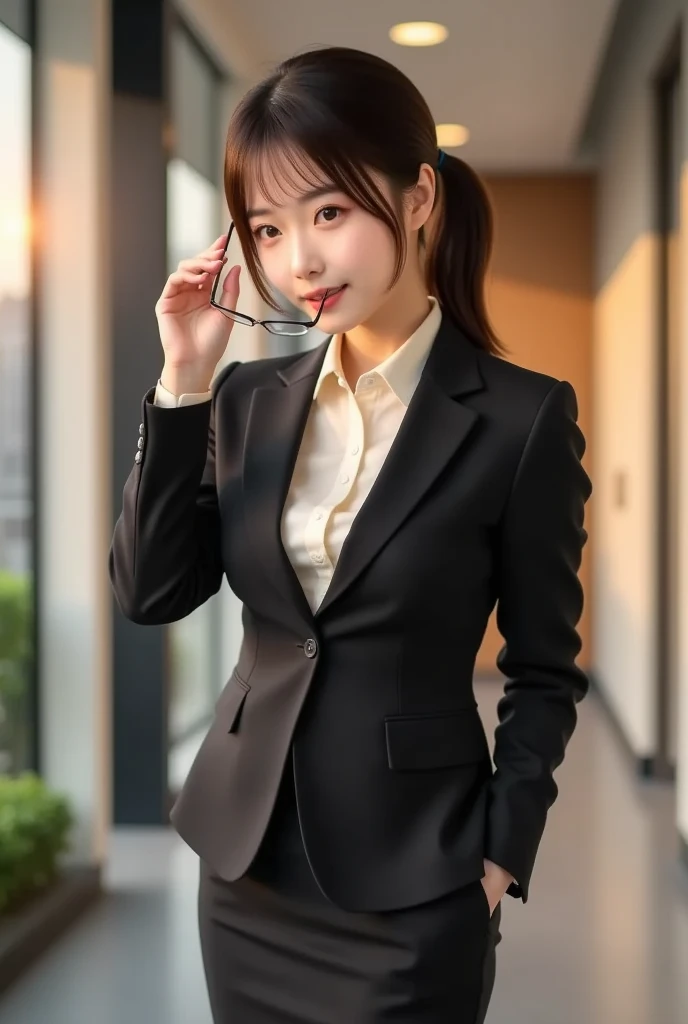 Best image quality、Ultra-high resolution、One Girl、Beautiful expression、(Black business suit,Tight Skirt,Black tights),office,smile,short hair