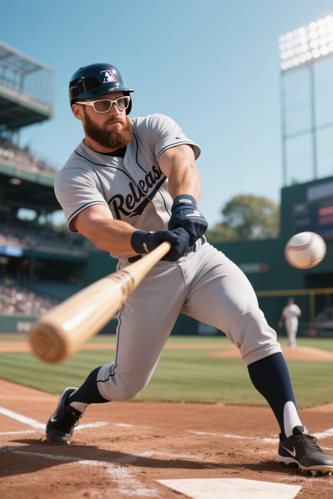 Glasses release day. Photorealistic, 8K quality. Hyper-realistic. A major leaguer wearing sports glasses hits a home run from the left batting position. The glasses shine. He has a brown beard and a sturdy build. This is a depiction of a batter who has started wearing glasses and can now see the ball thrown by the pitcher better.