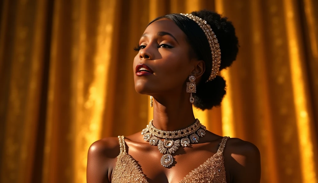 (a frontal view), (camera facing the subject), A very beautiful black african queen sitting on a diamond throne made of diamond, intricate details, dramatic lighting, hyperrealism, photorealistic, cinematic, 8k sharp focus, style expressive, frontal view, camera facing the subject
