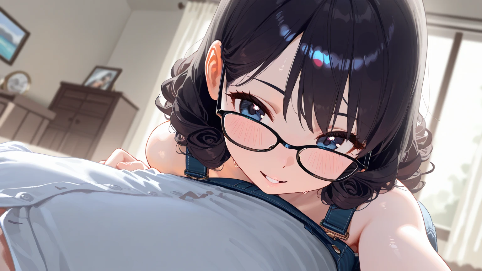 ultra-detailliert, Best Quality, High resolution, animesque、 ((A cute little girl with black hair and large sagging eyes wears round glasses.))、Pretty eyes、Detailed eye depiction、Eye sparkle、deep detailed eyes, Looking at Viewer, pale skin, (((Petite))), (flat chest:1.5), (blush:1.2), (big eye:1.5), happy smile, Lying on your back in bed, Focus on the face, Long hair, ((super close up of tongue))、(((from side))), open mouth, (((face only))), ((naked)), nsfw, shirtlift, flashing tits, drooling