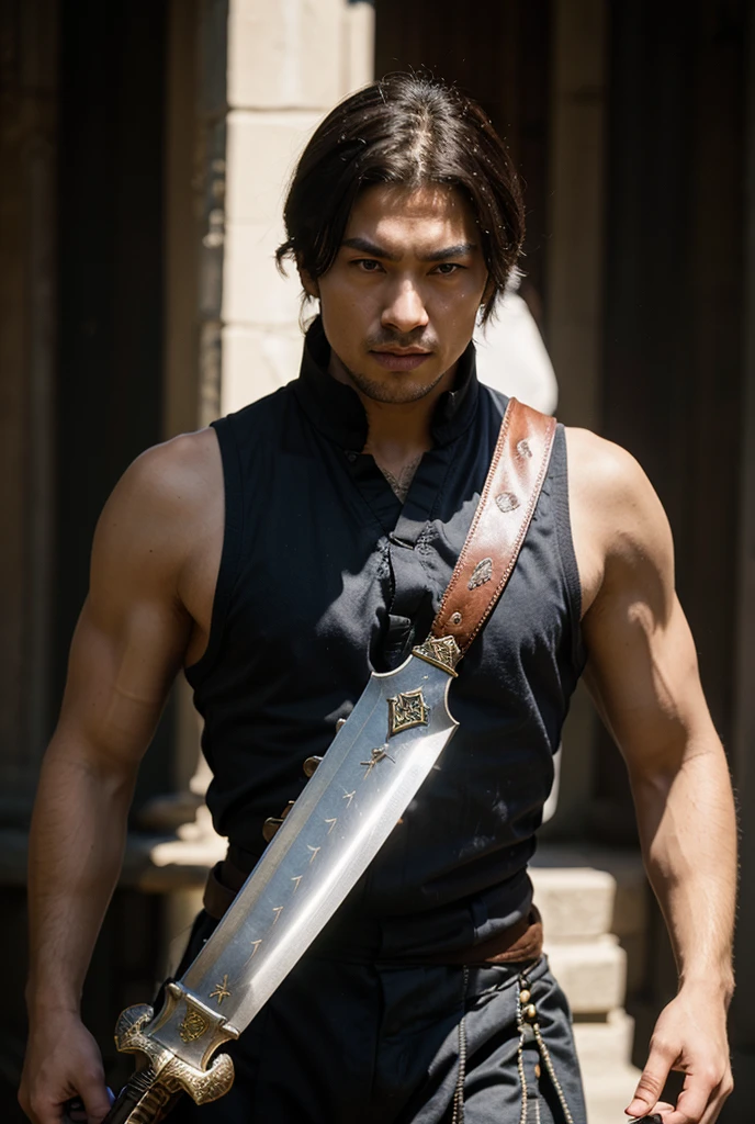 An ancient Siamese warrior from the Ayutthaya period, holding a long sword in one hand and a spear in the other hand, and carrying a dragon-headed bow. He has a handsome and charming face, and his face has scars from battles.