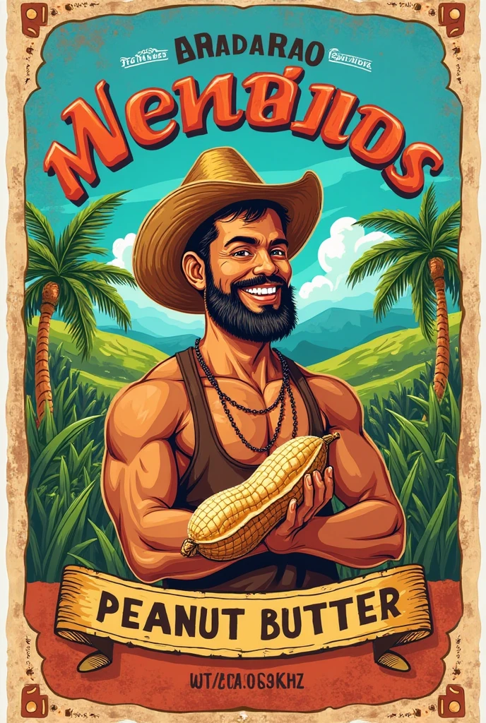 Create a logo that says bolo don co and that is inside a noticeable 8 , and there are 2 muscular men putting Bolivian coca leaves in their mouths and without a shirt and they are holding 2 bags of coca in their hands and it is a striking background and the men are wearing a farmer&#39;s hat 