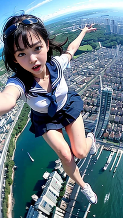 over the sky３０００In the middle of skydiving at 1.5 meters、The surroundings are clear blue sky and clouds、She is a beautiful Japanese woman with medium-long bob hair and is very cute, and is having fun and spreading her arms and legs.、Sensual style、She is wearing a very sexy micro bikini swimsuit.、She is looking at the camera、The camera follows her from above.、not wearing glasses！