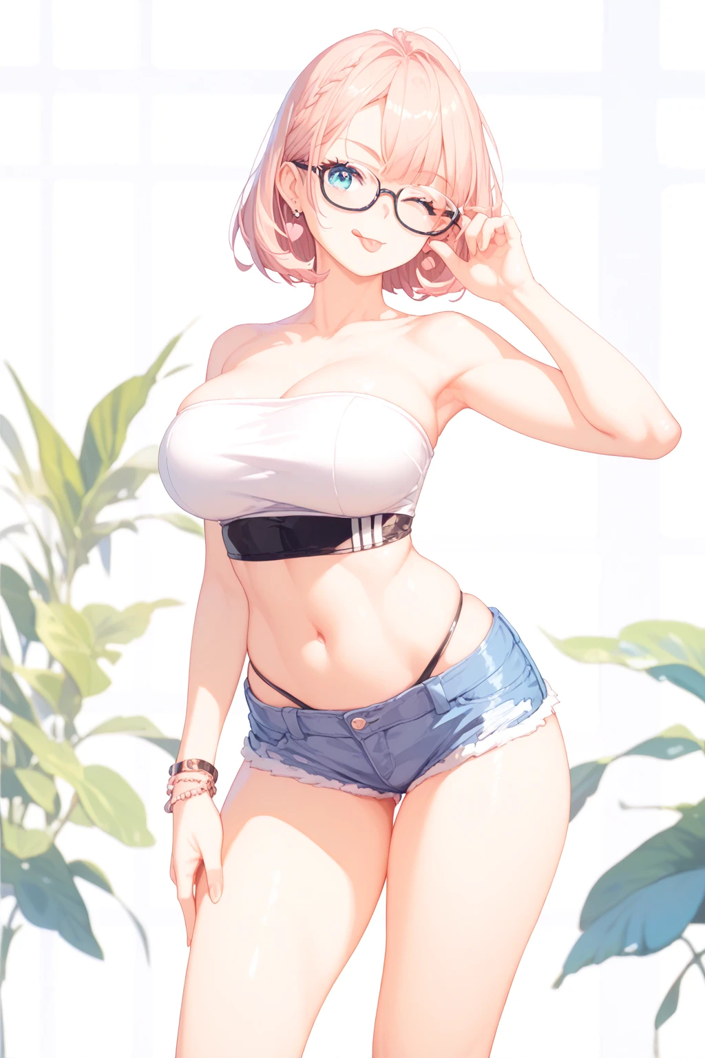 (masterpiece, best quality), 1girl, large breasts, small hips, green eyes, pink hair, crop top, denim shorts, bedroom, striped thighhighs, pervert, petite, glasses, Shuz