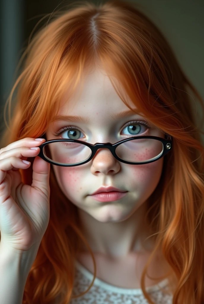 Child girl with red hair holding a magnifying glass, magnifying glass, red haired girl, red haired girl, fancy portrait, redhead girl, looking for clues, magnified, flower child, looking in a mirror, red hair and attractive features, looking in a mirror, red hair band, cute young redhead girl, beautiful features, looking in mirror