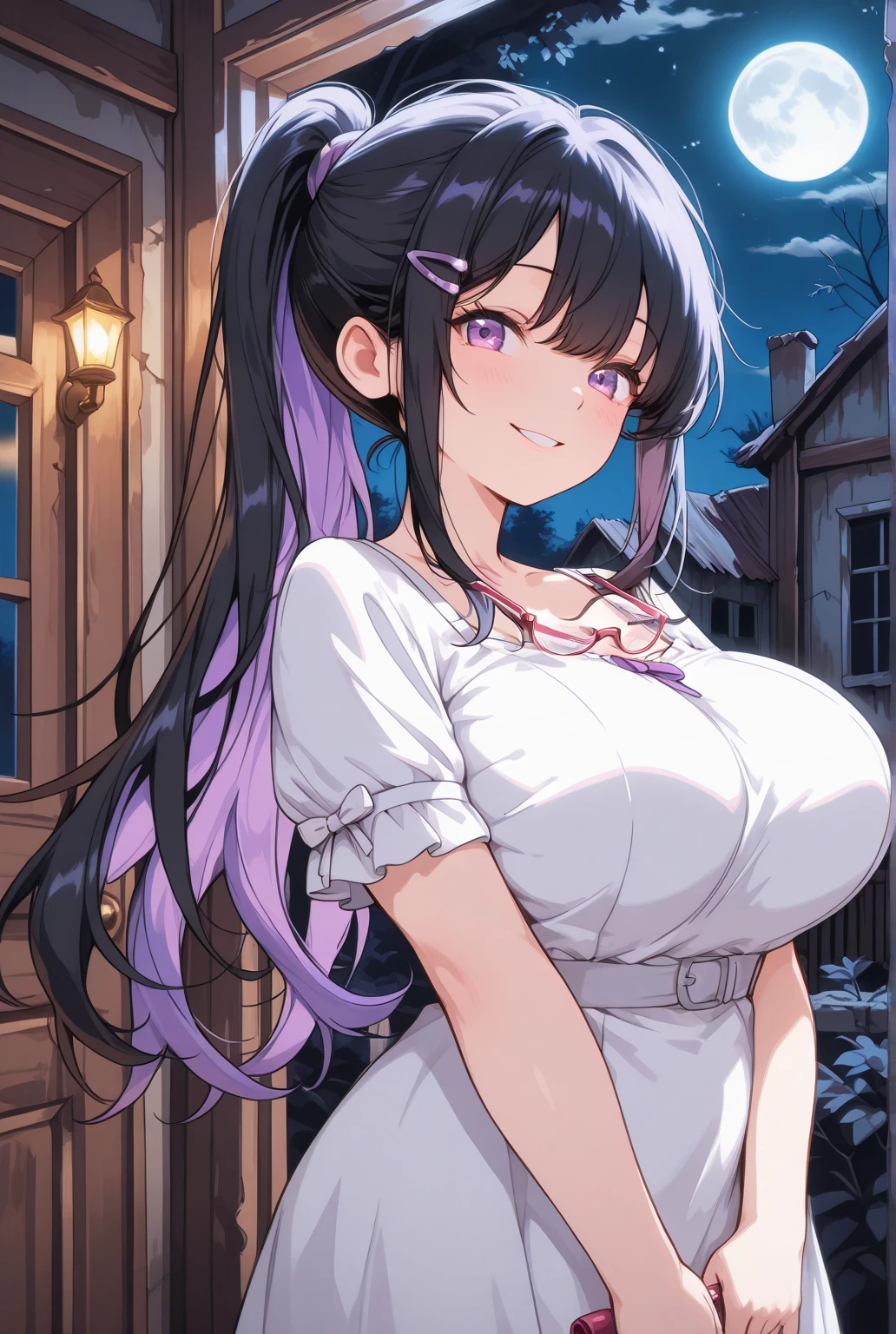 girl, looking at you, Face, High quality, Radiant, natta, red velvet,under big full moon、Looking up at the moon、fullmoon、((((huge-breasted))))