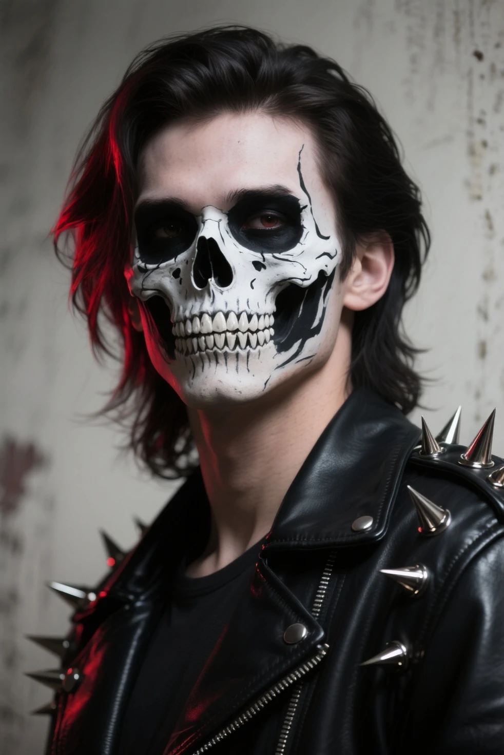 ghost biker, skull on fire, beautiful black leather jacket with shiny iron spikes on the shoulders, skull smiles.