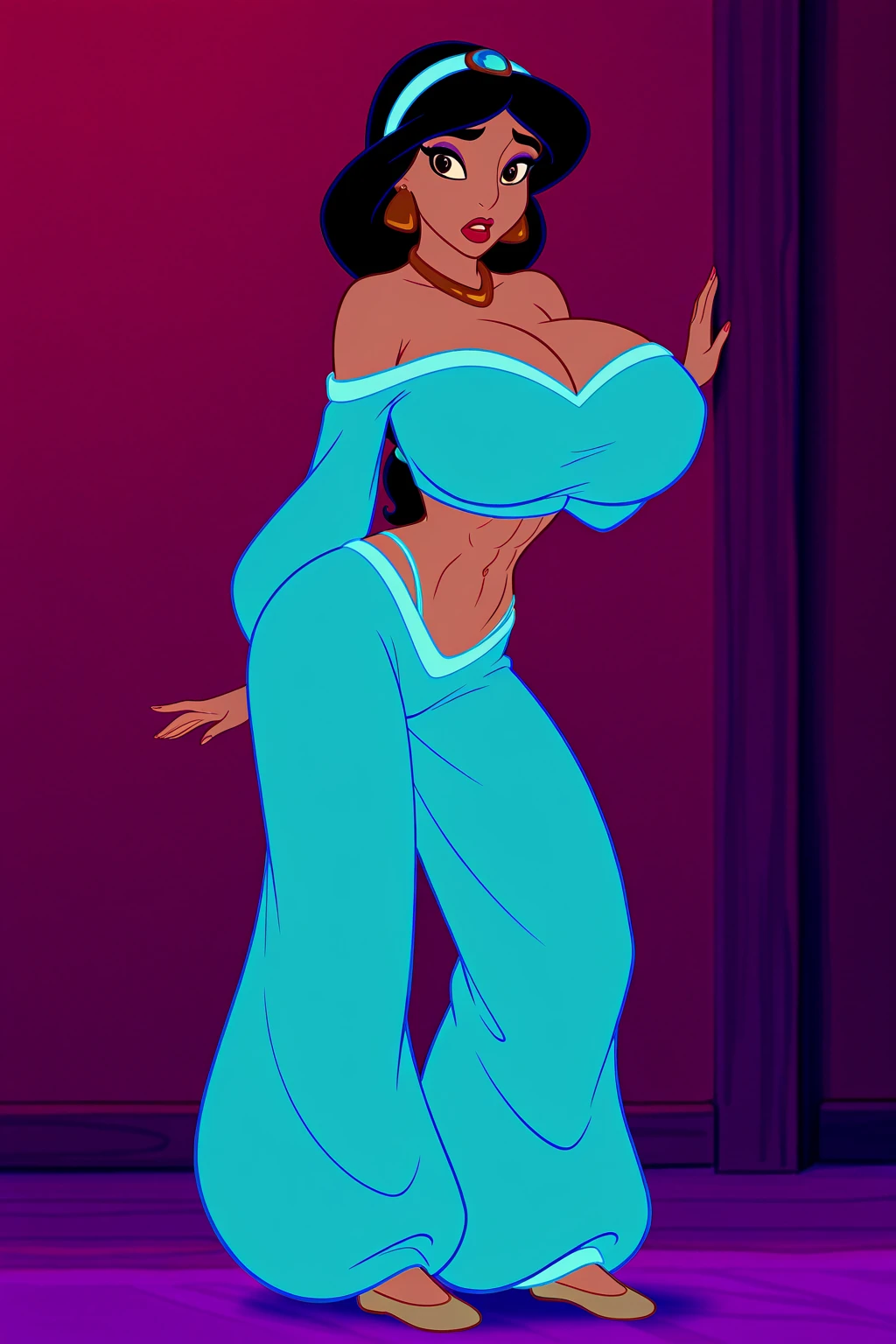 Aladin, Jasmine, 1girl, ((bimbo))), short blond hair, blue eyes, puffy lips, painted lips, thick lips, wide hips, thick thighs, enormous round fake breast, huge round Bella bellz ass, shiny skin, high waist black bikini, nipples, open legs