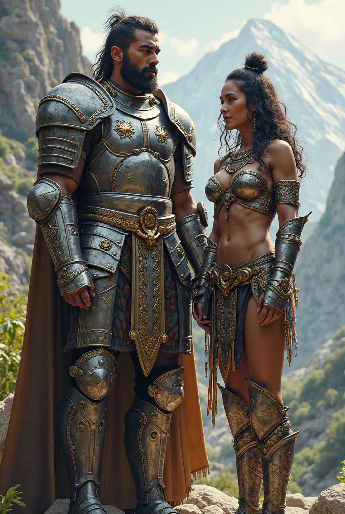 1 boy 1 girl, warrior couple, dynamic fighting pose, one muscular bald boy with long thick erect penis, highly detailed penis armor, one curvy hourglass girl warrior with long silky wavy hair and wide hips, high fantasy battle scene, couple warriors, girl in armor microbikini, extremely detailed, hyper realistic, 8k, dramatic lighting, cinematic composition, epic fantasy, vibrant colors, intricate details