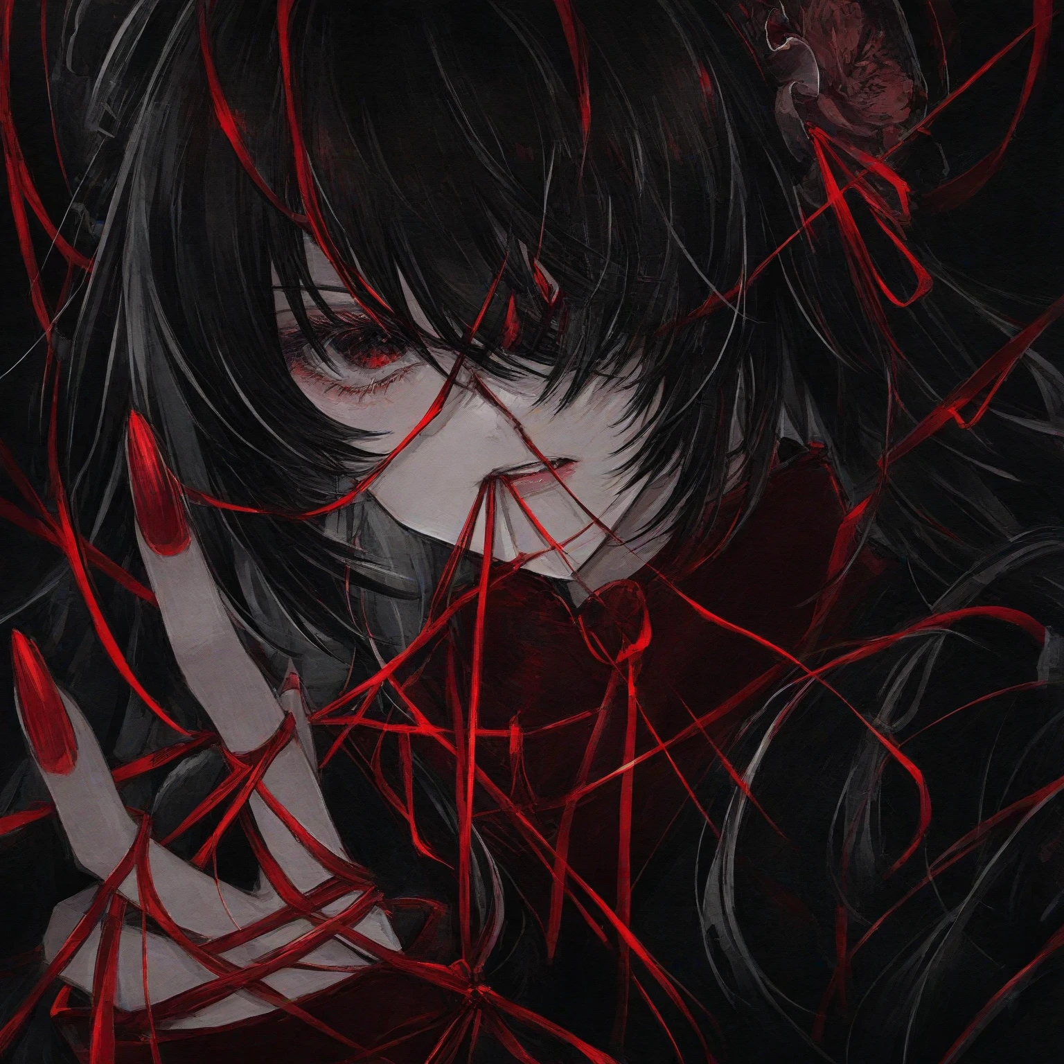 beautiful woman, yandere, hair over one eye, amorous and lewd face, sly, smirking, loud laughter, sadistic, dead eyes, bags under the eyes, makeup, covered in tattoos, great proportion, red thread, gold thread, shiny black rubber, whip, background obscene space, shading effects, gradation magic effects, foggy filter effects, glitter effects, (ultra detailed, absolutely resolution, best quality:1.3), 2.5D, delicate and dynamic, artistic photography, hyper realistic, graphic CG digital art