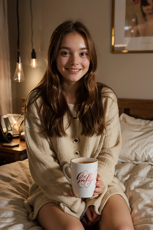 belle brune portant des sous-vêtements beige (holding a cup of coffee in modern bed at sunset), very detailed, 21 ans, visage innocent, natural wavy hair, blue eye, high resolution, head of'artwork, best quality, intricate details, very detailed, sharpness, detailed skin, realistic skin texture, texture, detailed eyes, Professionnel, 4K, charming smile, filmed in Canon, 85mm, shallow depth of field, Kodak Vision Color, corps parfaitement ajusté, extremely detailed, Photo_\(ultra\), photorealistic, realistic, Post-traitement, maximum detail, roughness, real life, ultra realistic, photorealism, la photographie, 8k uh, la photographie
