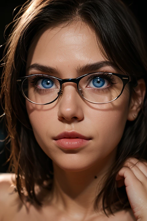 Bokeh blurs the background and highlights the subject. Selfie portrait mode of a beautiful teenager, with beautiful lips, the most gorgeous dark blue eyes and straight brown hair that covers hal of her face ((dark blond highlights)). She's wearing stylish glasses which reflects her modern yet rustic bedroom ((slim circula silver frame)), pink lipstick enhances her chapped lips, freckled face and a perfect thin nose adds to the beauty. She's wearing a red leather jacket with a yellow tank top underneath, cleavelage. It's a dark room filled only with light from the moon outside. Create the best portrait selfie ever. Shot with a 1.4mm lens, sharp focus on eyes