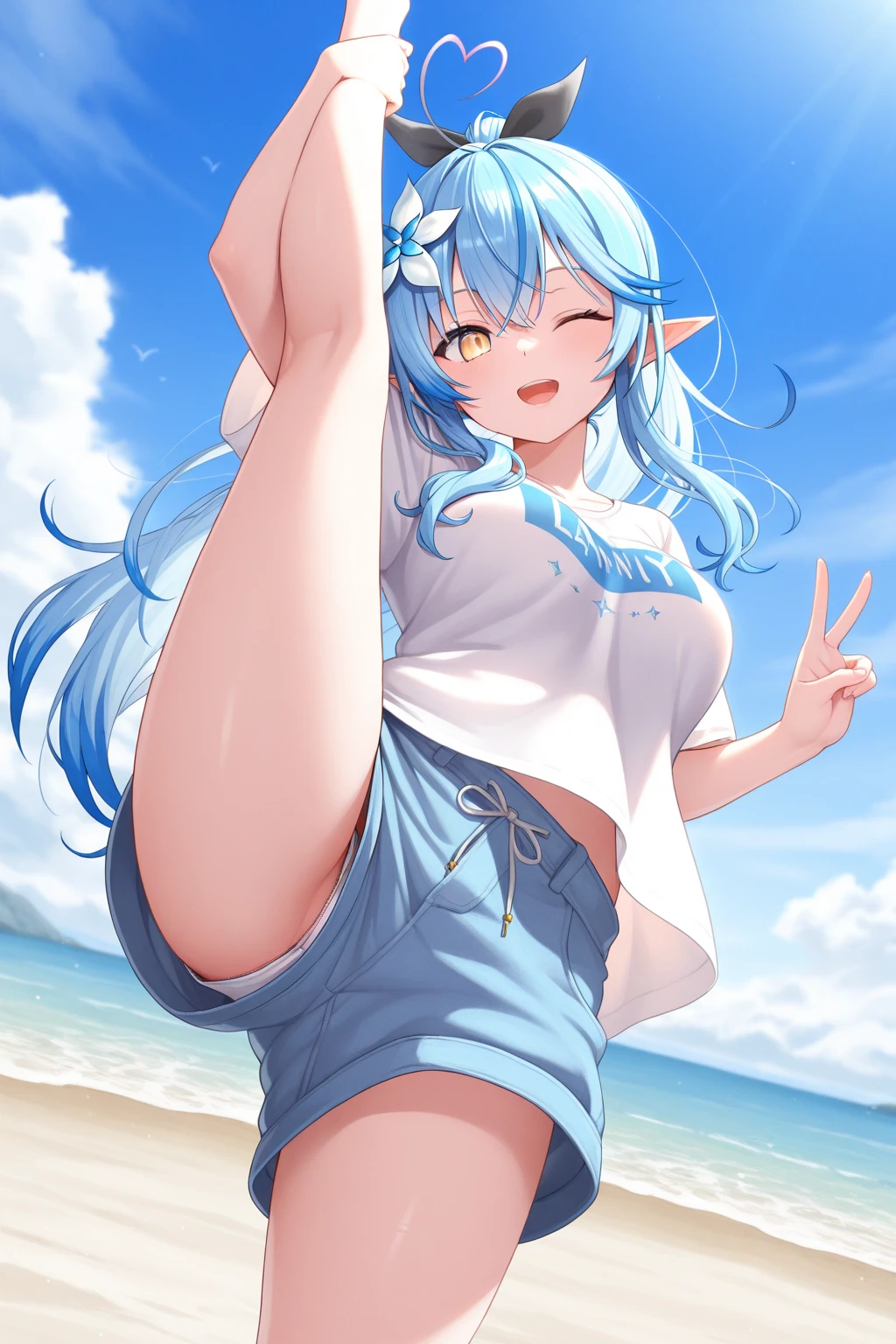 Buttocks, buttocks up, back, (masterpiece), (top quality anime illustration), (super definition), one girl, solo, beautiful girl with silver hair, anime loli, cat ear loli, petite, lateral breasts, underboob, thigh emphasis, white and pink striped bikini, white see-through hoodie, smile, buttocks, buttocks up, back, south island sea, water
