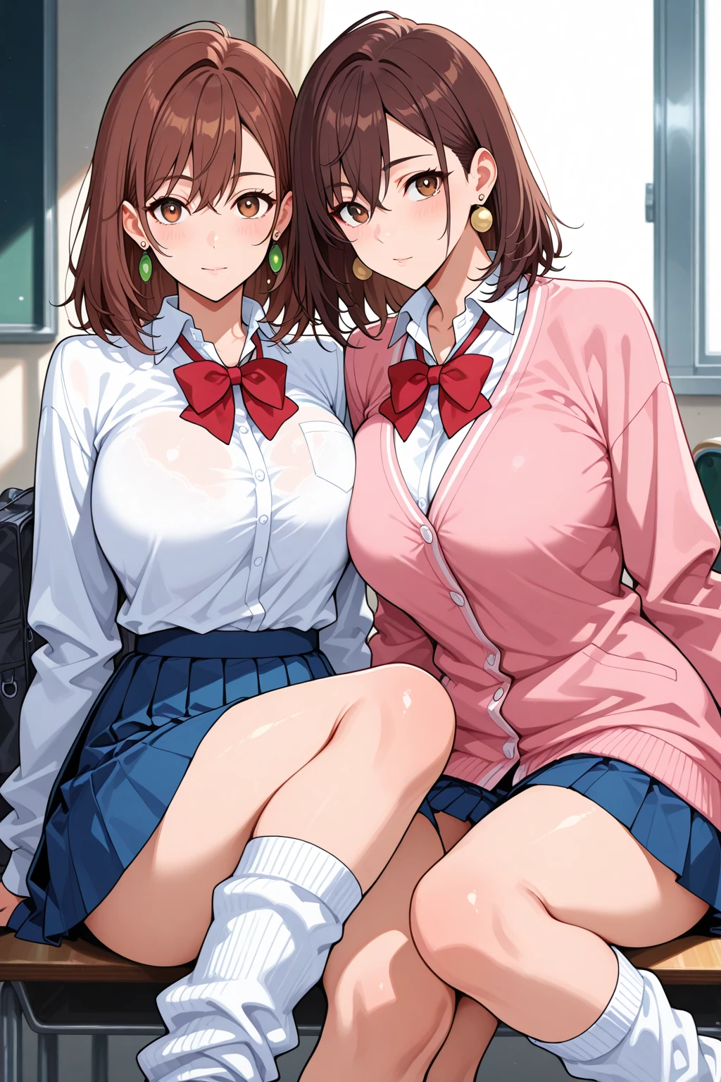 ((highest quality, 8K, A Certain Science Super Electromagnetic Cannon: 1.3, RAW photo)), sharp focus 1.5,2 women,lesbian,kiss,brown hair twintails,16-year-old high school student,Slender,open legs((Light Blue Panties,bra)),(((white shirt and gray miniskirt)))((Kuroko Shirai))(((red ribbon))),(((Unbutton your shirt and expose your nipples,sit on a love hotel bed)))(((Super Loose Socks,loafers)))((green armband))