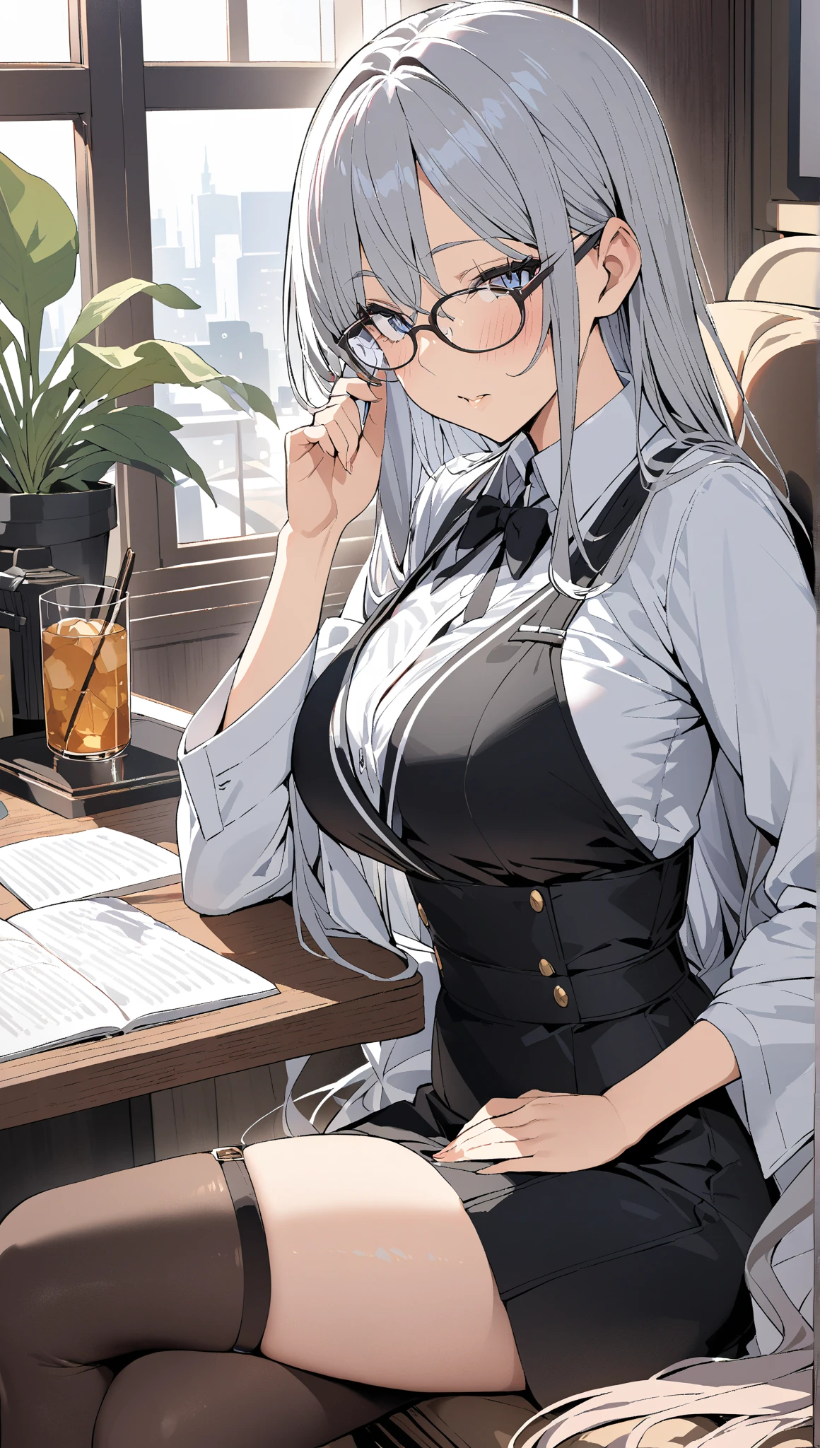 /(Front focus), /(Front view,), /(Focus on girl,), A beautiful girl, high school student, sitting on a chair, crossing legs, beside the window, lifting her skirt with lust using one hand while looking at the viewer in a flirtatious and horny way, touching her crotch over her skirt, caressing her legs with one hand, closing her eyes, moaning, leaning against the back of the chair, breathing heavily, blushing, blouse, traslucent blouse, wet blouse, blouse completely open and unbuttoned, bra visible under blouse, sweat and wet body, /(extremely long straight hair, almond-shaped eyes, hourglass-shaped athletic body, Big chest, medium hip, medium waist, shapely legs, perfect fingers, Greek nose, perfect hands, triangular face,), /(uniform: white V-neck blouse long sleeves, gray pleated mini skirt, black satin blazer with gold buttons, black pantyhose,),