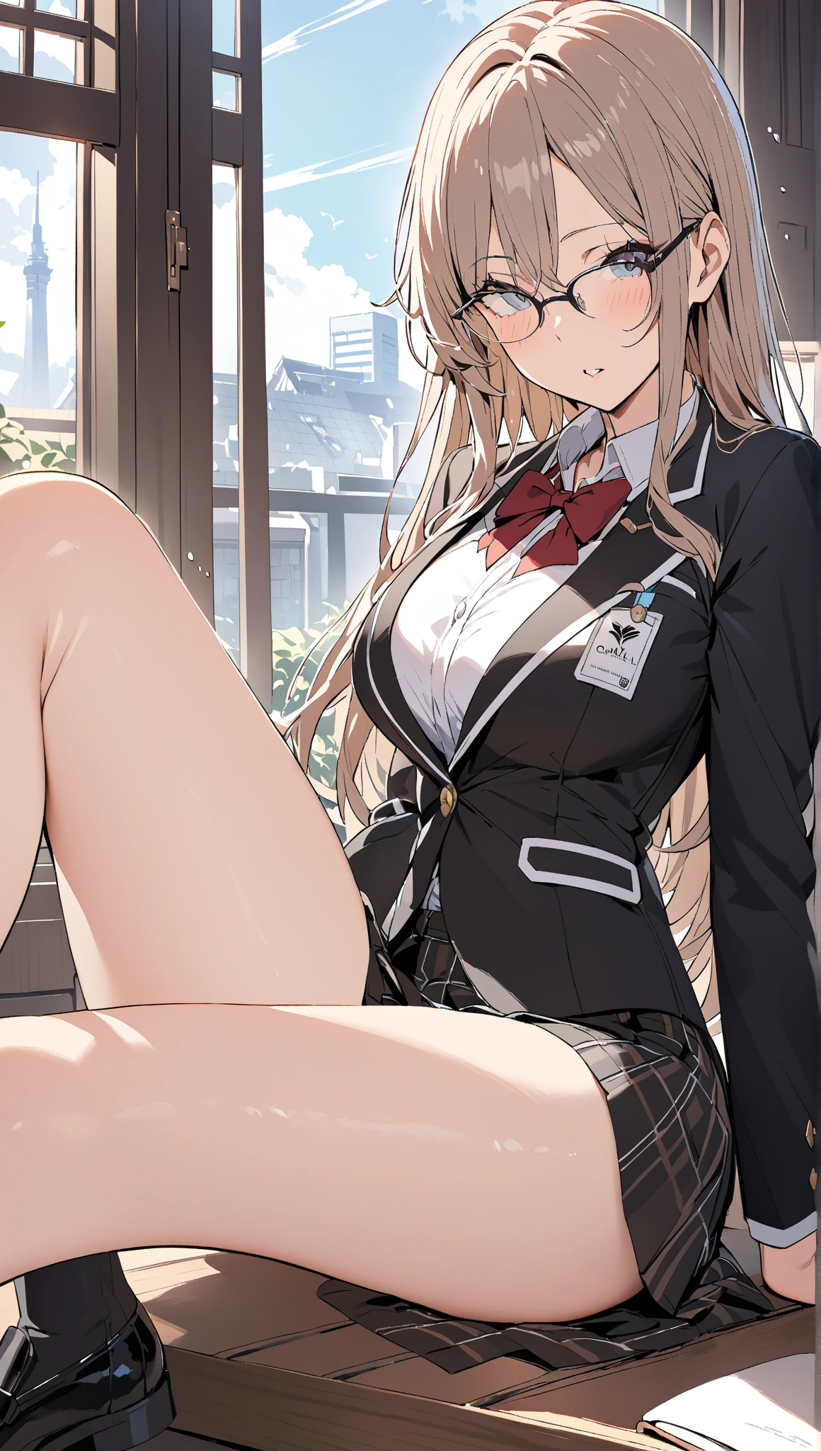 top-quality、hight resolution、1girl in、Shokuho Misaki、The long-haired、Tokiwadai uniform、student clothes、blonde hair、thighs thighs thighs thighs、gloves、skirt by the、Sweater Vest、white thighhig、white glove、+_+、elbowgloves、yellow eyes、pleatedskirt、shortsleeves、symbol-shaped pupils、large full breasts、jaket、blazers、sitting on、feet crossed、A smile、perfect hand、cafes、sitting on、