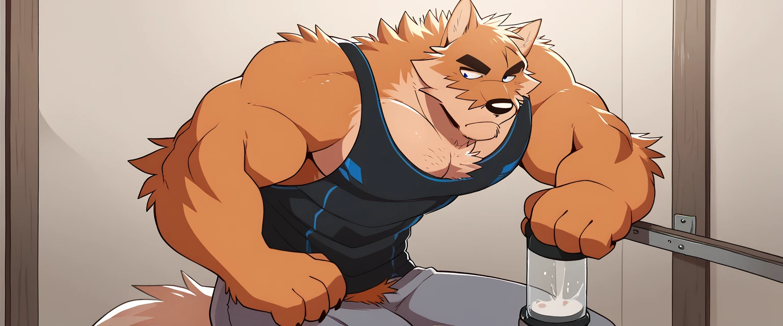 Author: Takemoto Arashi, (1 boy), One, Saint Bernard, Men's Second, kemono, hot body, muscle, Beautiful, sexual, Attractive guy, (Detailed eyes), brows, (masterpiece, A high resolution, Best quality), 4K, a male, portrait, Beautiful shadow, pecs focus, Gym uniform, Gym, chained, black gym tankyop, gym shorts and shoes, scars, blood,