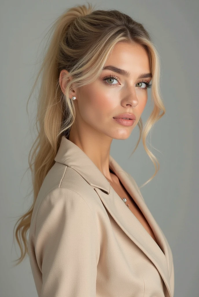 close up photo of stunning german woman, flirty, Model, 25 years, sexual, stewardess, blonde, miniskirt and blouse with airline logo, highlighted hair pulled back into a ponytail, big earrings, provocative pose, perfect body, Beautiful, I'm standing on the airfield, Sensual look, (Best quality), (super detail), Better lighting, medium breast