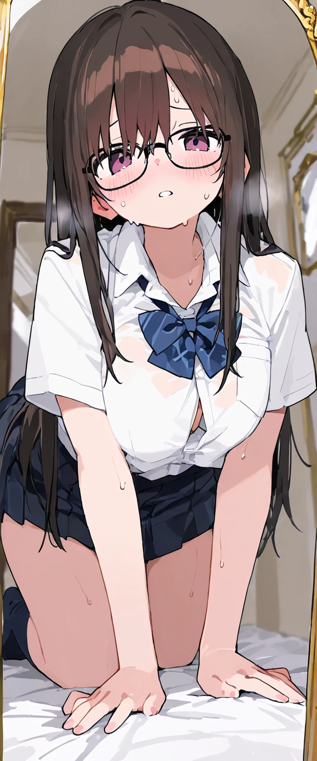 ((best quality)), ((masterpiece)), (detailed), (((perfect face))), ((slender 16yo teen girl with arms by side)), ((((topless)))), (((wearing dark blue pleated skirt))), ((medium breasts)), ((brunette)), ((blue eyes)), ((ponytail)), ((((topless)))), ((shy:1.3)), ((blushing:1.5)), ((skinny thighs)), ((skinny hips)), (((girl looking away))), ((bare stomach)), (((standing against upper class wooden wall))), (((teen male in suit)))