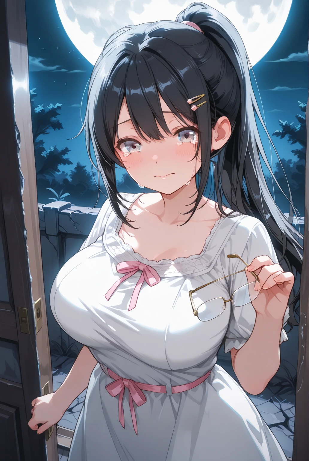((masterpiece)), ((best quality)), (ultra-detailed), ((sexy)), (ero),NSFW, underground,a cute girl, 1girl, solo, (white tanktop dress),(chain bound arms), (both hands are bound and is hung from the ceiling), BDSM,shibari,restrained,((thin waist)),((Torture that tightens the waist with a belt)),beautiful black hair, beautiful black eyes, (beautiful eyes), long hair,troubled expression