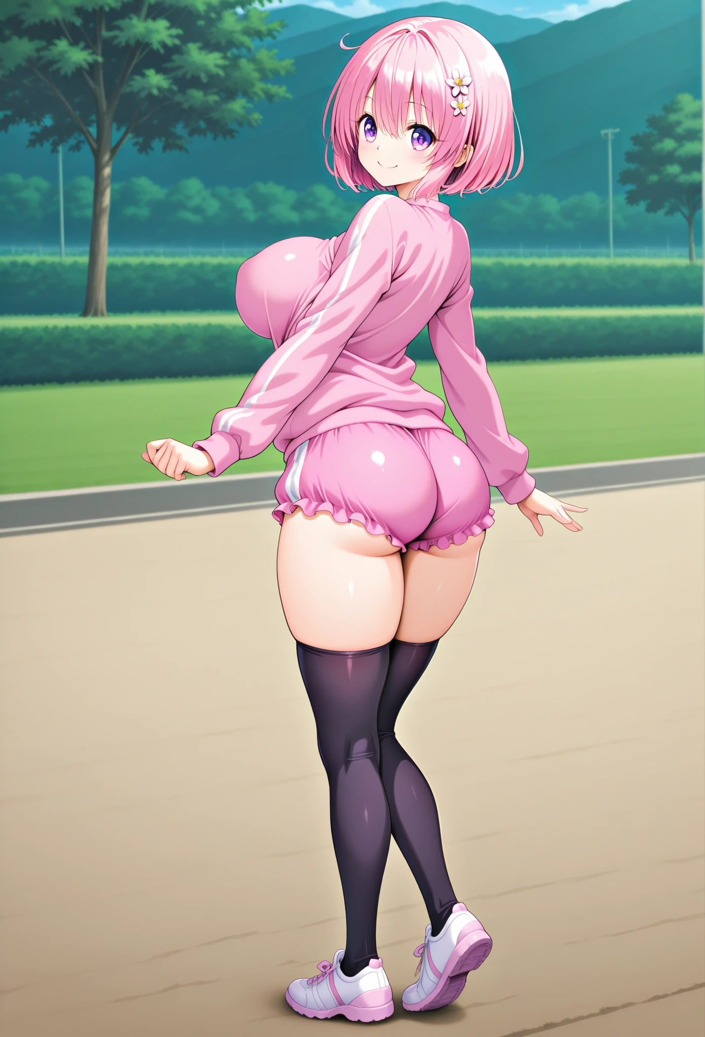 (Highest quality、masterpiece、Highest quality、Official Art、Best body、The best face)(YabukiKentarou、Sairenji Haruna、Blue Hair、Short Hair、Hair clip、Purple Eyes、)、score_9, score_8_up, score_7_up,source_アニメ、BREAK、((Being completely naked、Nipples、The pussy and anus are clearly visible、smile、Walking around the city、Wearing a collar、Vibrator in pussy、Looking Back、Waving to viewers、Rear view))