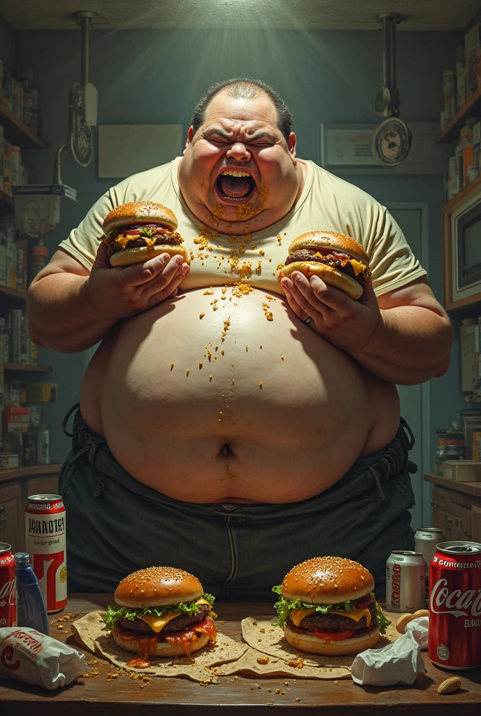 Disgusting overweight man eating a hamburger 