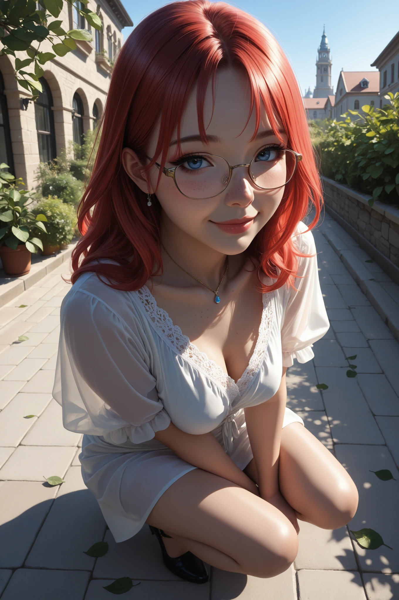 red hairs、hime-cut、Golden Eyes、eye glasses、ssmile、Ten-year-old girl、Very small breasts、Thin pubic hair、Open the white robe、handstand、low angles
