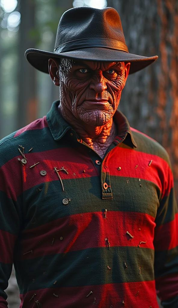 A muscular Arnold Schwarzenegger, detailed face, Penetrating light, Holding a large knife, Face the pumpkin-headed monster, Moss forest background, Torn and worn clothes, brave,incredible light, Horror atmosphere, cinema,realistic,photorealistic,Highly detailed,4K