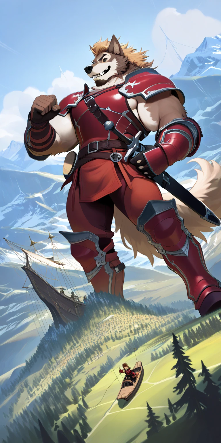 masterpiece, best quality, illustration, fantasy, scenery, snow landscape, mountain, 1boy, fighting stance, dual wielding, holding axe, red hair, narrowed blue eyes, open mouth, scar on face, viking armor, boots, harness, sheath, scabbard, gloves, fur trim brown cloak, snowing