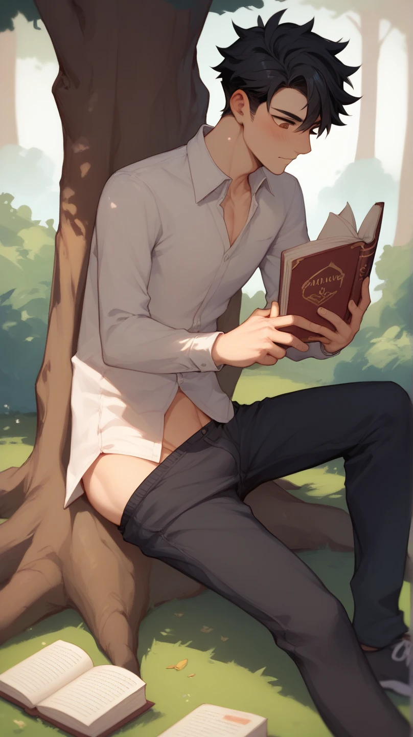 Girl reading a book by the lake, girl(Juvenile wind,Hairstyle that bounces out,Very Short Hair,Dark brown hair,Green Eyes,White shirt,Dairy-free,)Bright colors, spring, Willow Branch, comfortable, Warm sunshine,NSFW,Leg spread,Small breasts,Sit on a bench,evil smile,blush,Sticking out tongue,White Breath,pussy juice,masturbation,Put your hand on