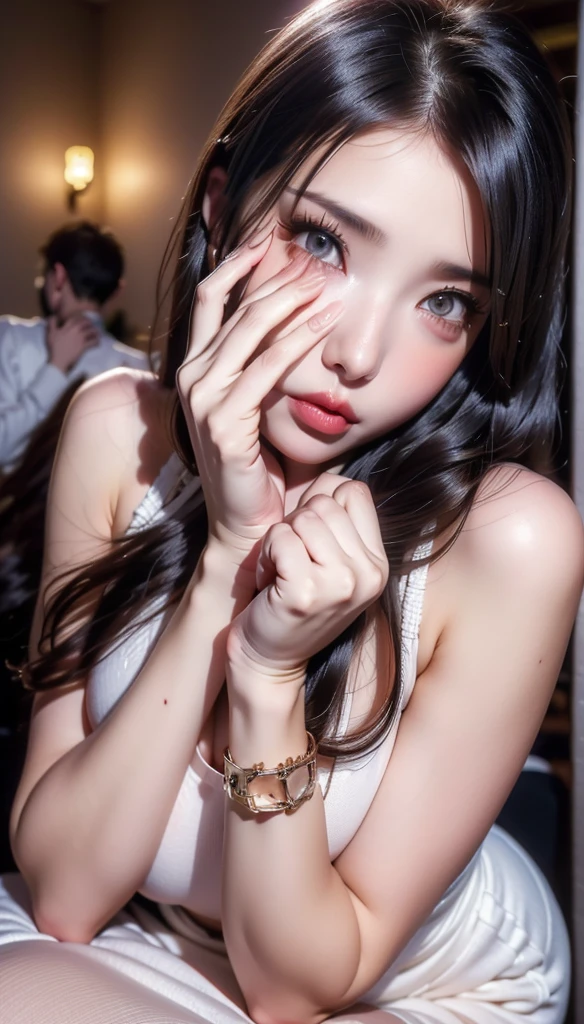 (highest quality、realism、8k、32k、masterpiece、masterpiece:1.2、highest quality:1.2、Super detailed:1.2、Ultra-high resolution:1.2、Super detailed、Photorealistic photography、Very delicate and elaborate skin、High resolution 16k on human skin、Enough detail to identify pores、Natural skin brightness adjustment、Reproduce very delicate and realistic lips、Very delicate and realistic human eyes)Lower your hands、Stand in place、Give someone a short hairstyle、Looking at the audience、 Angle from directly above, full waist up pose , upper knees pose)、Face mouth open(Popular Korean Fashion Styles、White underwear open)、adults movies actress ,beautiful、cute、Shy、sex appeal、Unfair、Pervert、Cross-eyed、esotropia:1.3、Symptoms of paranoia、(Captivating body、Mole under the eye) Highly detailed whitening skin、double eyelid、Tie your hair back、Short hair styled in loose waves、Hair ties)glamorous、Quirky details、Shallow depth of field、Contrasting、Professional Model、Mouth half open、Double teeth