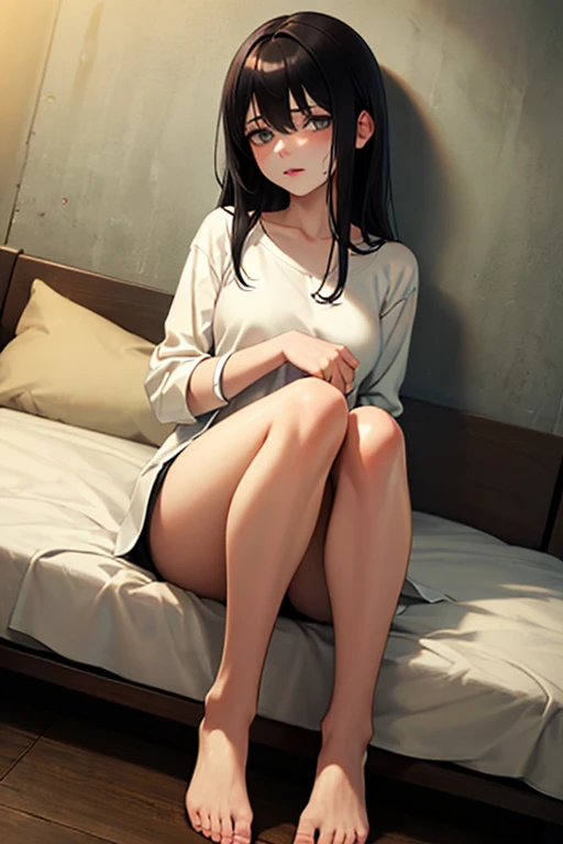 masterpiece, great quality, ultra detail, illustration, game cg, 1girl, solo, (FGOErice), (naked), blush, sitting, crossing legs, bed, glossy lips, makeup