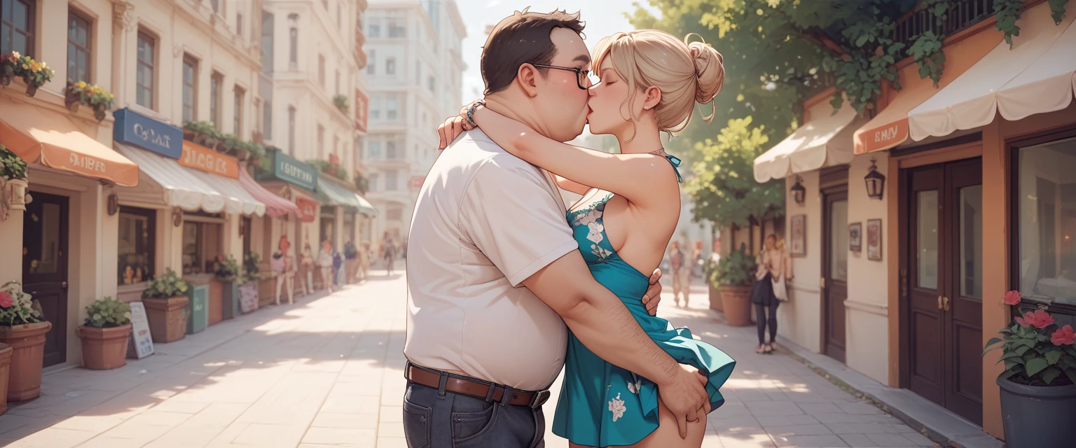 Taylot Swift in black tights and a flowing floral sun dress straddles a fat guy